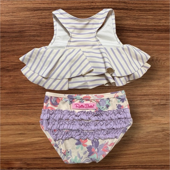 Ruffle Butts Striped and Floral Kids Bikini - Purple and White Size 18-24 Months - Picture 4 of 8
